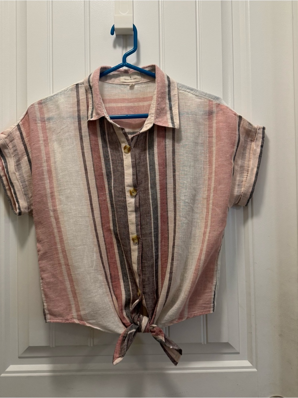 Thread + Supply Striped Linen Blend Button Up Blouse Multi Tie Front Boho Size S